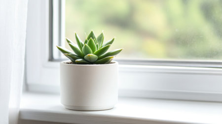 White-on-white minimalist living room with single pop of green from a small succulent on the windowsillの素材