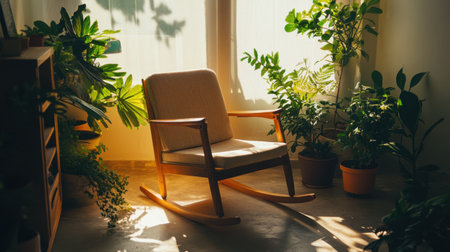 Wooden rocking chair in a softly lit corner, surrounded by plants and natural texturesの素材