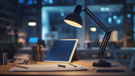Architects home office setup with table lamp, iPad, and drafting materialの素材