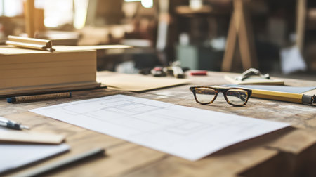 Architects creative corner with drafting instruments, brainstorming notepad, and mockupsの素材