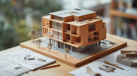 Architectural model of a modern building placed next to hand-drawn sketches and design notesの素材