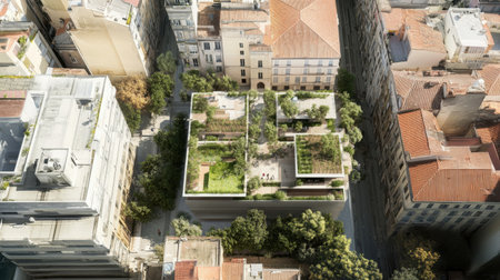 Aerial view of a real estate project showing streets, plazas, and residential blocks with sustainable infrastructureの素材