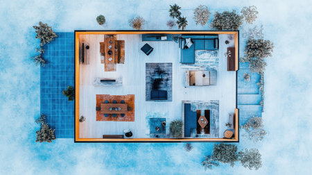 Blueprint of a loft apartment layout with high ceilings, open floor plan, and balcony areaの素材