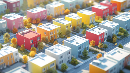 Architectural board with printed renders of residential buildings and color-coded zoning areasの素材