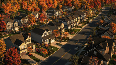 D model of residential neighborhood with streets, driveways, and multiple home designsの素材