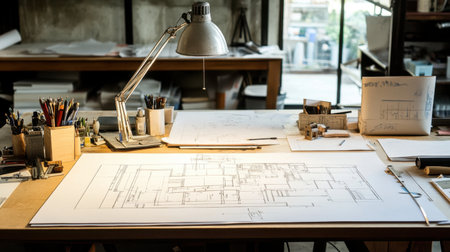 Architects table with drafting lamp and partially completed site planの素材