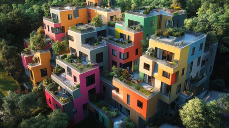 Bold modern apartment complex with colorful panels, cubic design, and rooftop terracesの素材