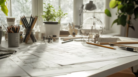 Close-up of architectural drawings with design notes, rulers, pencils, and scale models on a white deskの素材