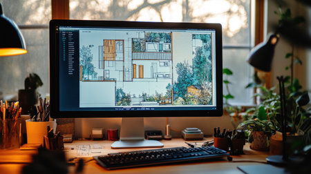 Digital monitor displaying CAD-drawn house layout with bedroom and bathroom placementの素材