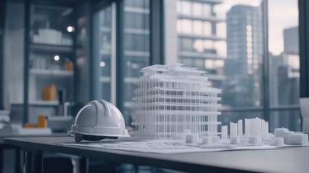 Engineering table setup with hard hat, structural plan, and D printed building modelの素材