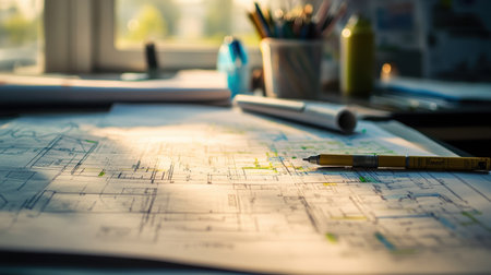 Creative architects desk filled with paper layers, drawing pens, and floor plan toolsの素材