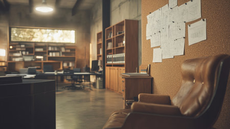 Interior of a creative architecture studio with blueprints pinned to a cork board and reference booksの素材