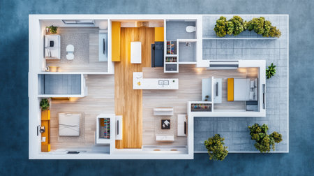 Interior design floor plan drawn in blueprint style with furniture and room layout visualizationの素材