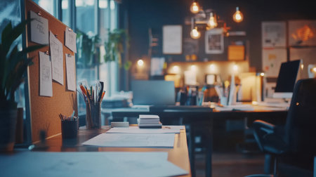 Interior of a creative architecture studio with blueprints pinned to a cork board and reference booksの素材