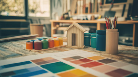 Workstation of architect showing D visual model, color palette, and printed plansの素材