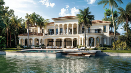 Rendered D image of a luxury real estate development featuring a waterfront view and open-concept living spacesの素材