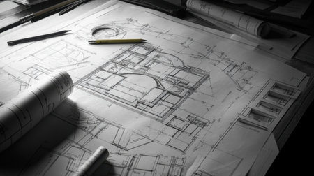 Tabletop view of building design process with rolled blueprints, pencils, and layout plansの素材