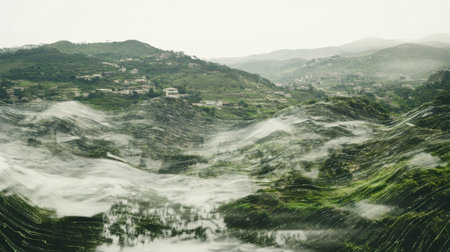 Transparent tech interfaces hovering above a transformed digital landscape with data flowsの素材