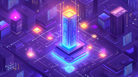 G tower surrounded by connected devices and glowing data nodes in a smart city conceptの素材