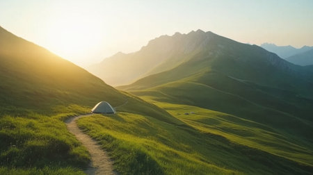 Rolling hills and distant tent seen from drone view over hiking pathの素材
