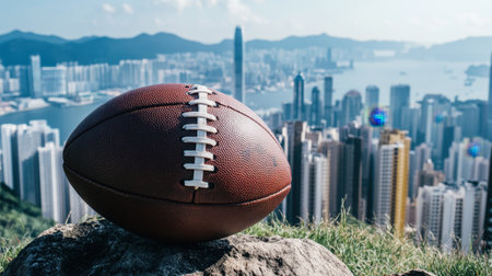 Scenic mountain trail with football resting on a rock overlooking a distant cityscapeの素材