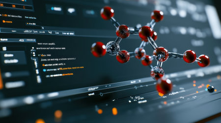 D model of a virus with molecular structure displayed on a computer screen in a labの素材