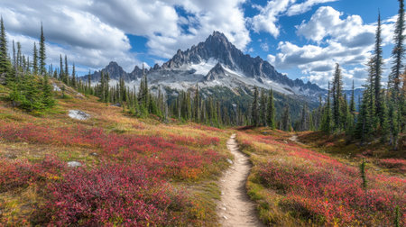 Mountain trail winding through dense alpine forest leading to towering peaksの素材