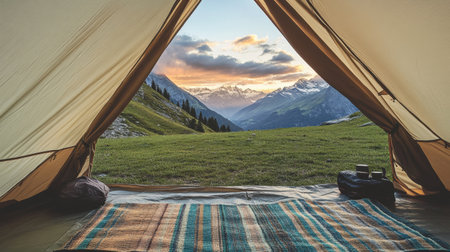 Mountainside tent with open flap showing view of valley and distant peaksの素材