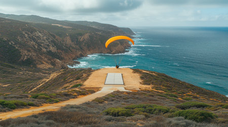 Paragliding launch pad on coastal cliff with windsock fluttering above seaの素材