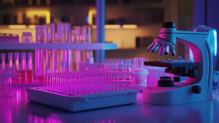 Biomedical lab scene with microscope, enzyme trays, and microcentrifuge tubesの素材