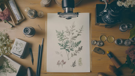 Biology science project with dissected plant specimen and microscope slide samples preparedの素材