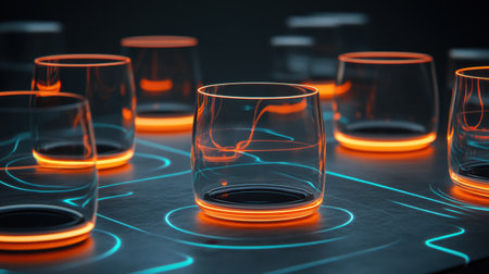 Chemistry glassware illuminated with glowing light to emphasize solutions insideの素材