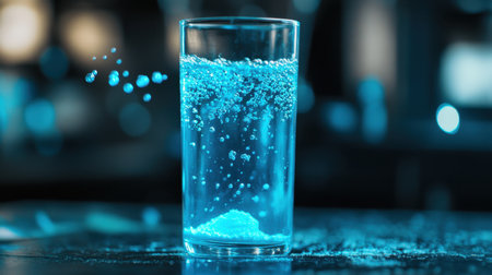 Baking soda and lemon juice reaction showing bubbles in a clear container on a lab tableの素材