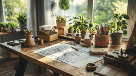 Cozy modern architecture desk with blueprint under tracing paper and pencil sketchingの素材