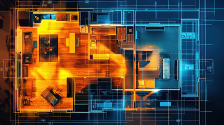 High-resolution scan of floor plan blueprint with technical details and scale indicators clearly markedの素材