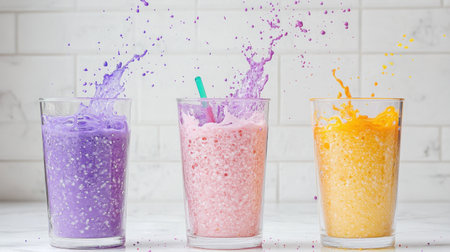 Bright science lab showing colorful solutions being mixed using mechanical stirrerの素材