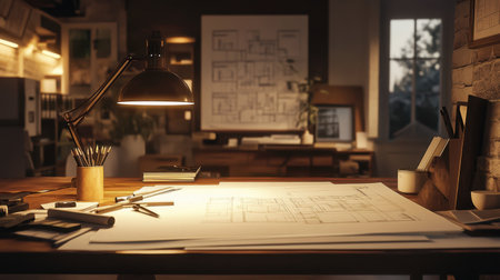 Lighting above an architect's workspace focused on clean plans, templates, and ink pensの素材