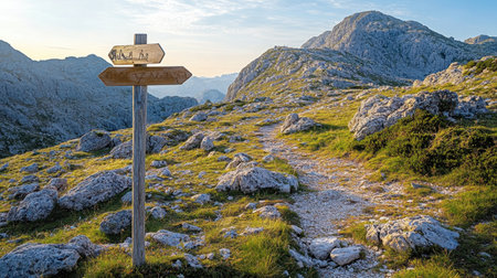 Trail signpost with multiple arrows pointing toward remote hiking and climbing routesの素材