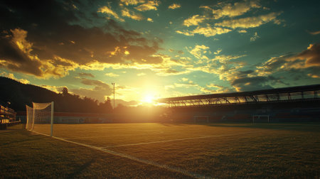 Sunset over stadium seating with goalpost visible on an empty soccer fieldの素材
