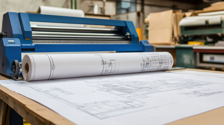 Large format blueprint printer beside a table with draft designs and paper rollsの素材