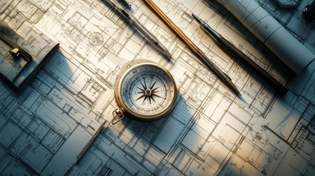 Top-down view of architectural workspace featuring open blueprint plans, compass, and technical pensの素材