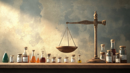 Chemistry balance scale surrounded by small labeled chemical containersの素材