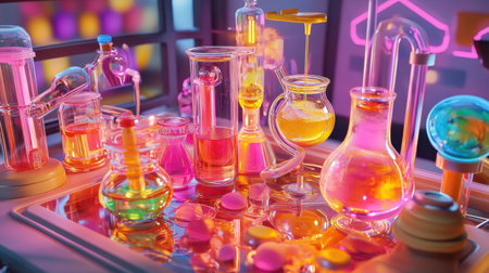 Bright science lab showing colorful solutions being mixed using mechanical stirrerの素材
