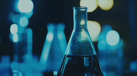 Chemistry-themed background with beaker, flask, and molecules in focusの素材