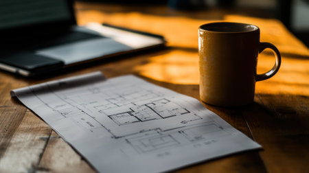 Rolled floor plan blueprints beside coffee mug and laptop with home layout on screenの素材