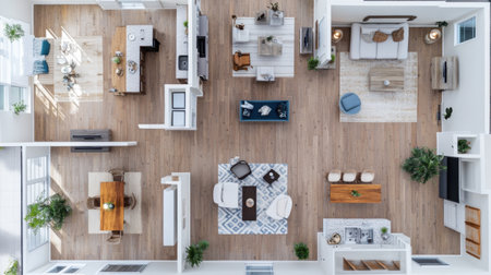 Labeled home floor plan with smart home tech zones and functional flow pathsの素材