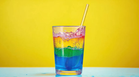 Bright science lab showing colorful solutions being mixed using mechanical stirrerの素材