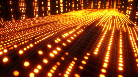 Artificial intelligence network grid with glowing nodes and data pulses on black backgroundの素材