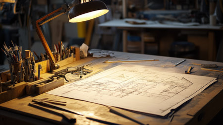 Modern drafting table with overhead lamp casting warm light on architectural plansの素材