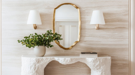 Stylish modern entryway with clean lines, console table, abstract mirror, and minimalist lightingの素材